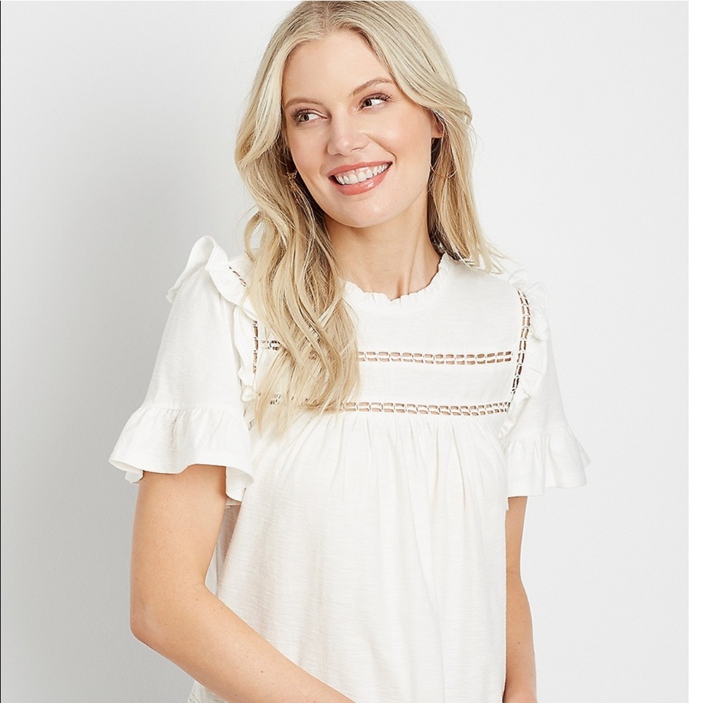 Solid Crochet Ruffle Sleeve Top